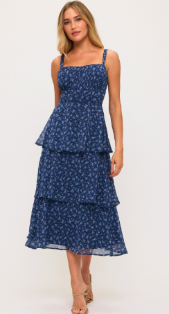 Floral Triple-layer Tie Back Midi Dress