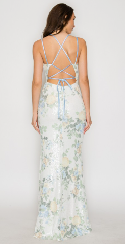 Floral Sequin Crossed Back Maxi Dress