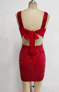 Sequin Embellished Open Back Bow Mini Dress