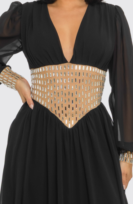 Deep V-neck & Long-sleeved Silk Maxi Dress Deep V-neck & Long-sleeved Silk Maxi Dress