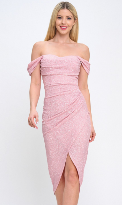 Glitter Off-the-shoulder Pleated Midi Dress