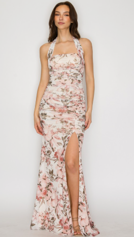 Floral Ruched Halter Mermaid Maxi Dress