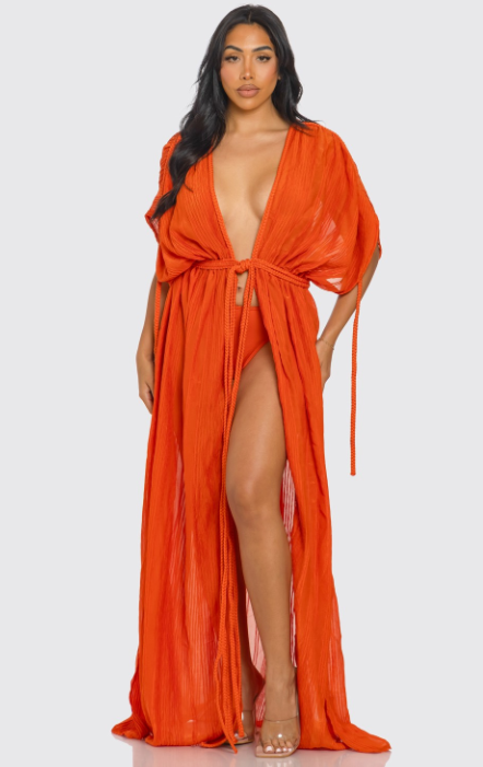 Rope Front Tie Kimono Maxi Dress