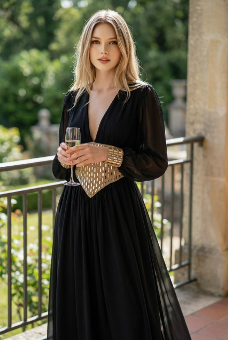 Deep V-neck & Long-sleeved Silk Maxi Dress Deep V-neck & Long-sleeved Silk Maxi Dress
