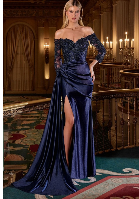 Off-the-shoulder neckline and three-quarter sleeves Gown