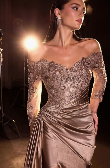 Off-the-shoulder neckline and three-quarter sleeves Gown