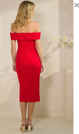 Pleated Bust Off Shoulder Midi Dress