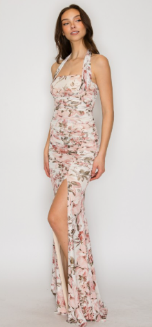 Floral Ruched Halter Mermaid Maxi Dress