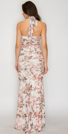 Floral Ruched Halter Mermaid Maxi Dress