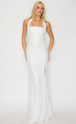 Solid Lace Halter Ruched Maxi Dress