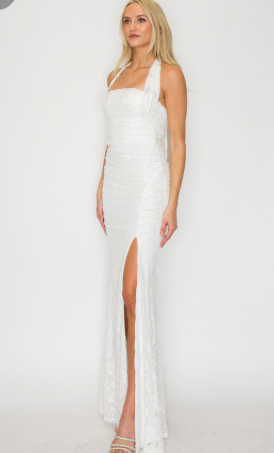 Solid Lace Halter Ruched Maxi Dress