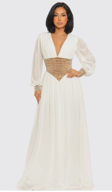 Deep V-neck & Long-sleeved Silk Maxi Dress Deep V-neck & Long-sleeved Silk Maxi Dress
