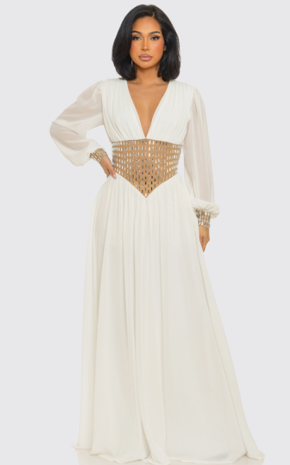 Deep V-neck & Long-sleeved Silk Maxi Dress Deep V-neck & Long-sleeved Silk Maxi Dress