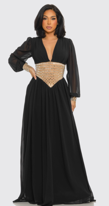 Deep V-neck & Long-sleeved Silk Maxi Dress Deep V-neck & Long-sleeved Silk Maxi Dress