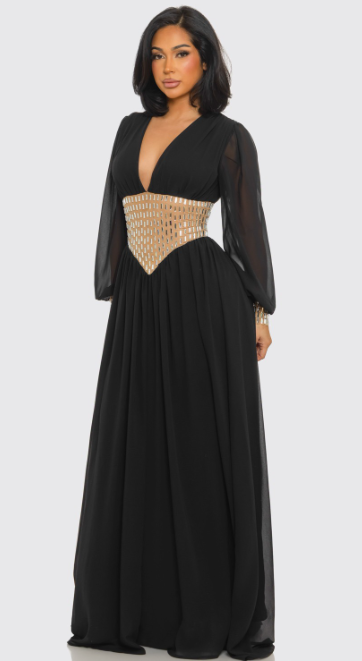 Deep V-neck & Long-sleeved Silk Maxi Dress Deep V-neck & Long-sleeved Silk Maxi Dress